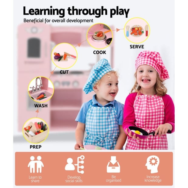 Kids Wooden Kitchen Pretend Play Sets Food Cooking Toys Children Pink Image 5