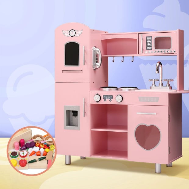 Kids Wooden Kitchen Pretend Play Sets Food Cooking Toys Children Pink Image 8