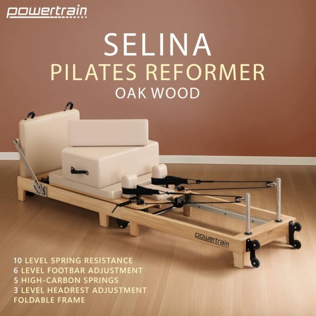 Powertrain Selina Foldable Wooden Pilates Reformer & Exercise Trainer in Beige