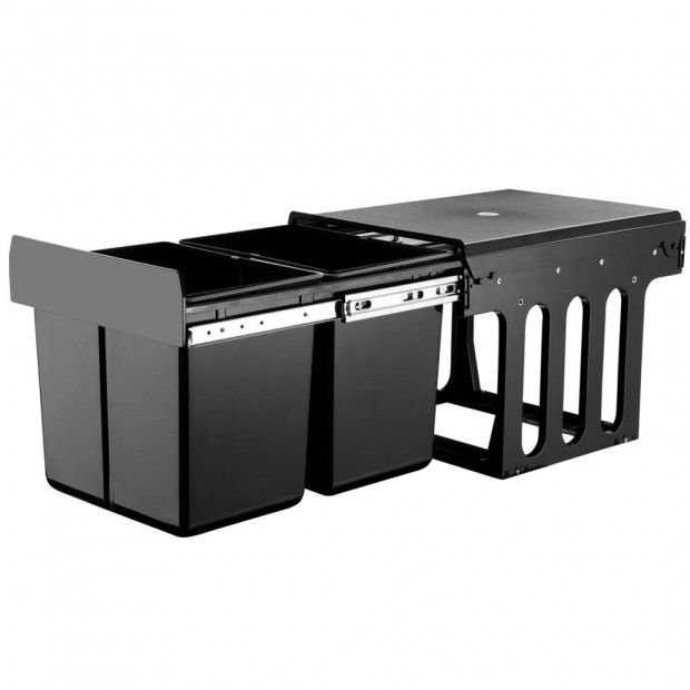 Set of 2 15L Twin Pull Out Bins Kitchen Slide Out Rubbish Basket Black
