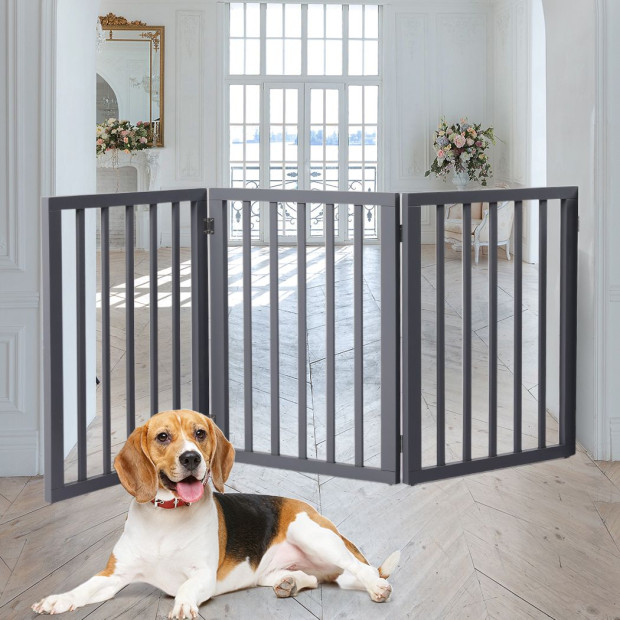 Wooden Pet Gate Dog Fence Retractable Portable Door 3 Panel Grey Image 7