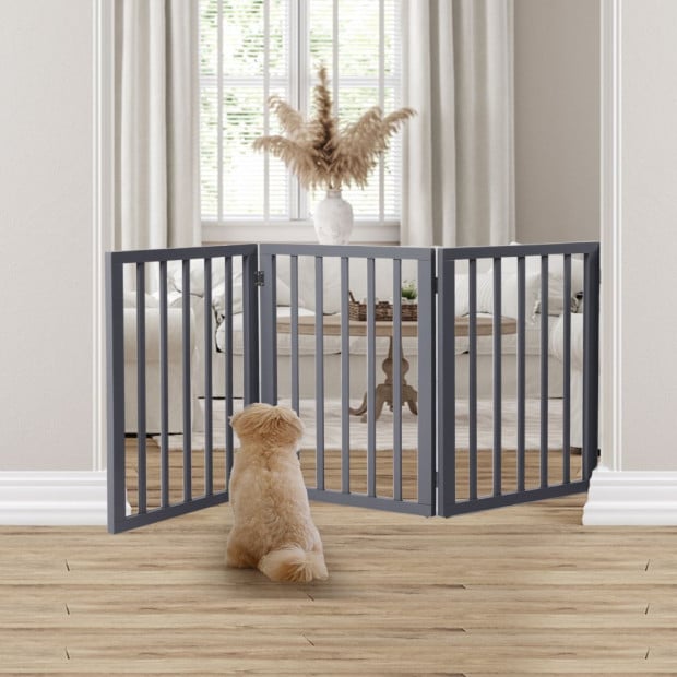 Wooden Pet Gate Dog Fence Retractable Portable Door 3 Panel Grey Image 8