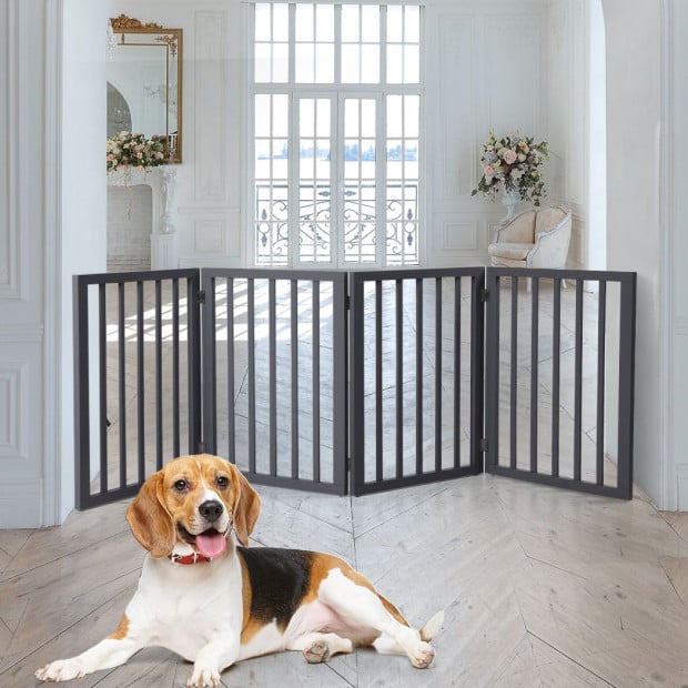 Wooden Pet Gate Dog Fence Retractable Barrier Door 4 Panel Grey Image 7
