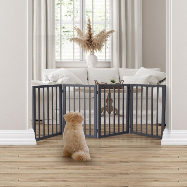 Wooden Pet Gate Dog Fence Retractable Barrier Door 4 Panel Grey Image 8