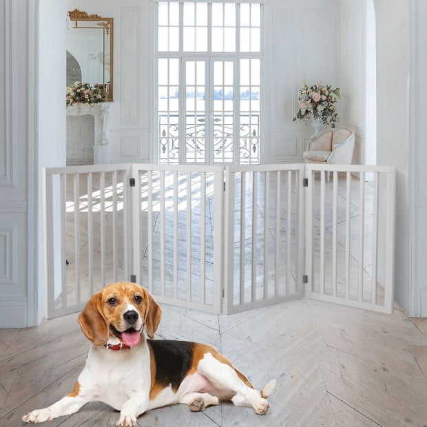Wooden Pet Gate Dog Fence Retractable Barrier Door 4 Panel White Image 7