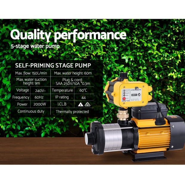 Multi Stage Water Pump Pressure Rain Tank Irrigation 2000W Yellow Image 6