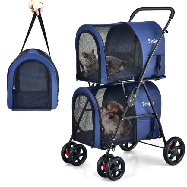 4 in 1 Double Pet Stroller w Detachable Carrier For Cats Travel Navy