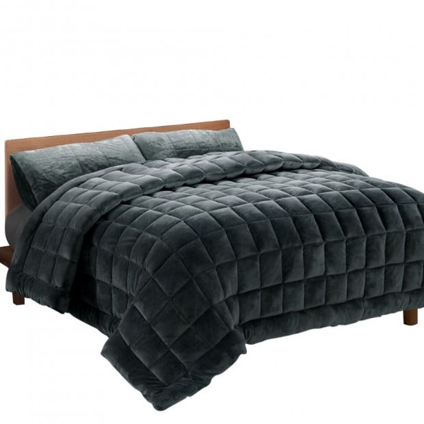 Bedding Faux Mink Quilt Fleece Blanket Doona Charcoal Super King
