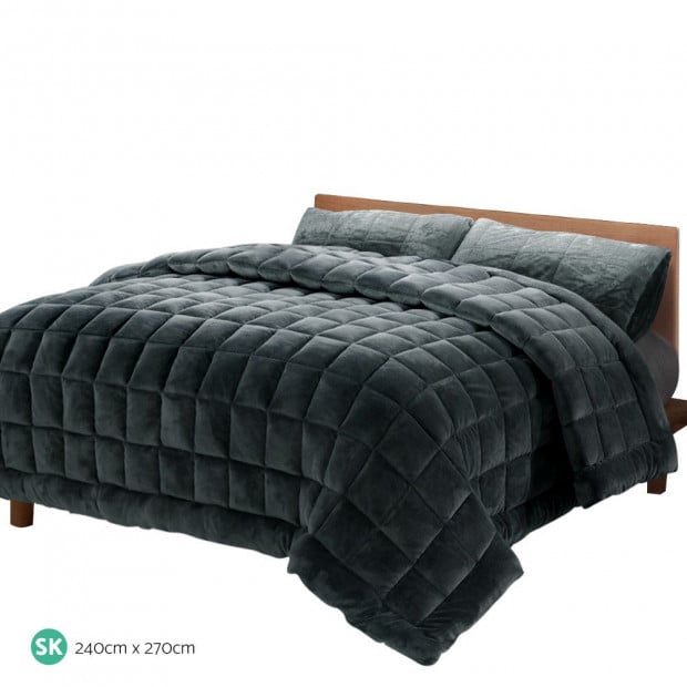 Bedding Faux Mink Quilt Fleece Blanket Doona Charcoal Super King Image 2