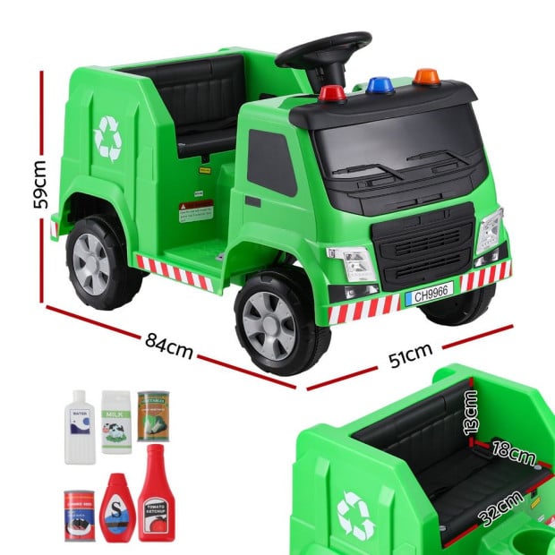 Kids Ride On Car Garbage Truck Police Light 12V Electric Toys - Green Image 2