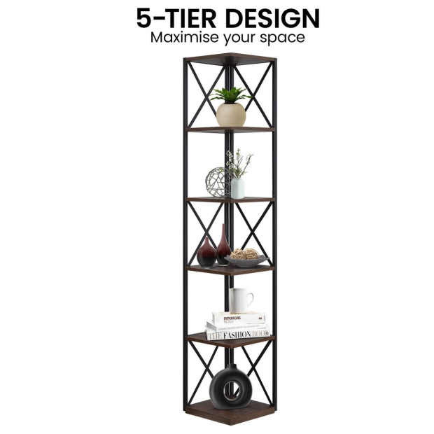 Sarantino Nora 5-Tier Corner Bookshelf - Walnut/Black Image 9