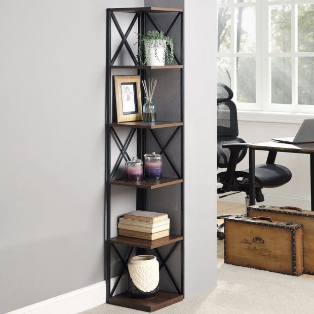 Sarantino Nora 5-Tier Corner Bookshelf - Walnut/Black Image 11