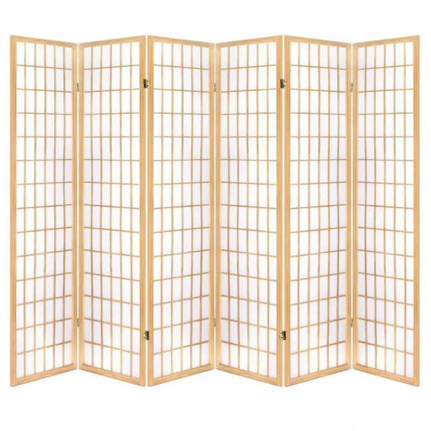 6 Panel Room Divider Privacy Screen Foldable Pine Wood Stand Natural