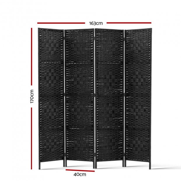 4 Panel Room Divider Privacy Screen Rattan Woven Wood Stand Black Image 2