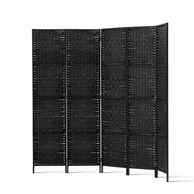 4 Panel Room Divider Privacy Screen Rattan Woven Wood Stand Black Image 3