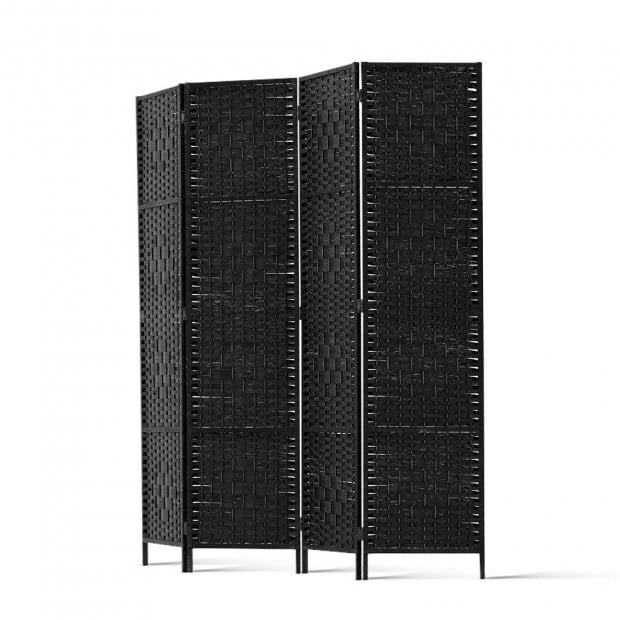 4 Panel Room Divider Privacy Screen Rattan Woven Wood Stand Black Image 4