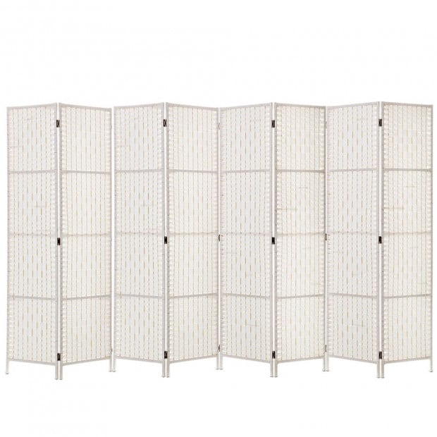 8 Panels Room Divider Privacy Rattan Timber Fold Woven Stand White