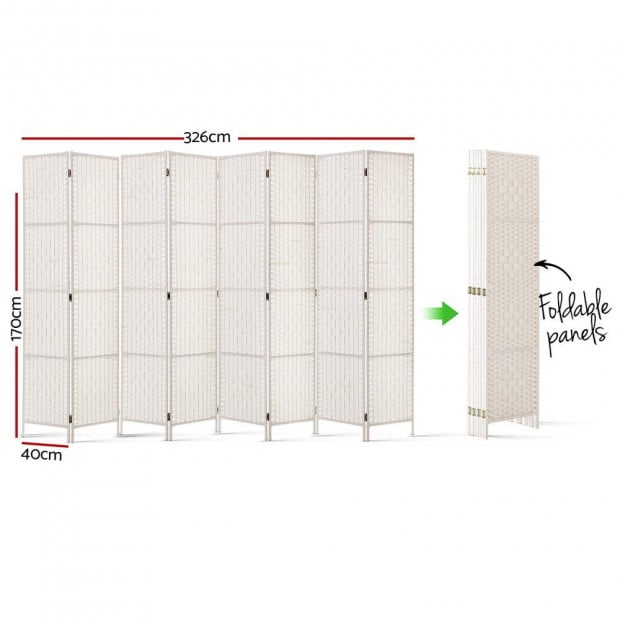 8 Panels Room Divider Privacy Rattan Timber Fold Woven Stand White Image 2