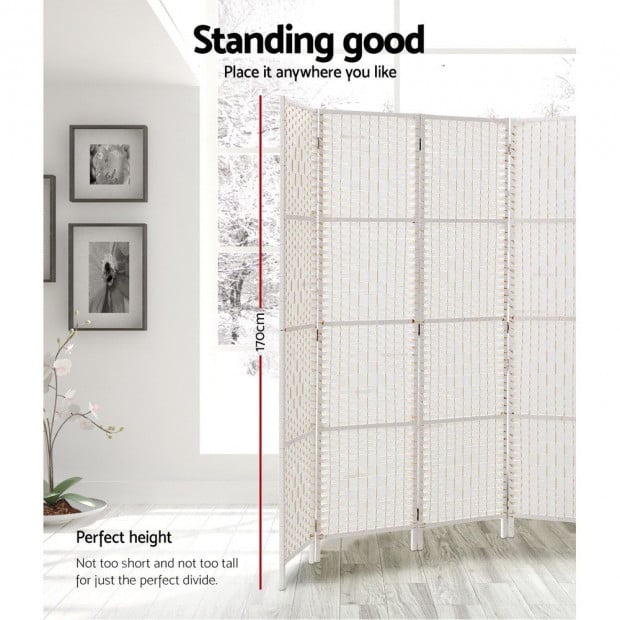 8 Panels Room Divider Privacy Rattan Timber Fold Woven Stand White Image 3
