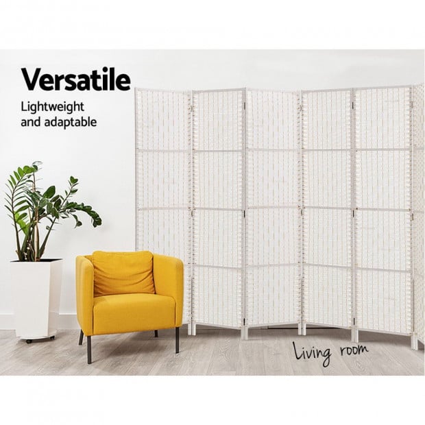 8 Panels Room Divider Privacy Rattan Timber Fold Woven Stand White Image 4