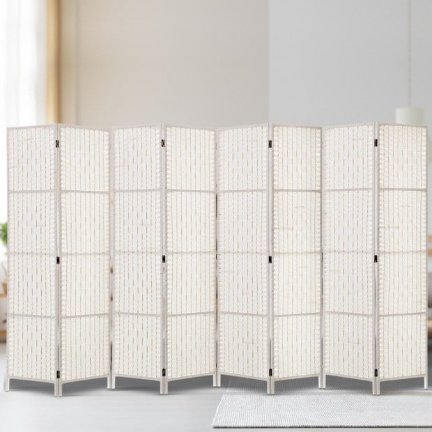 8 Panels Room Divider Privacy Rattan Timber Fold Woven Stand White Image 7