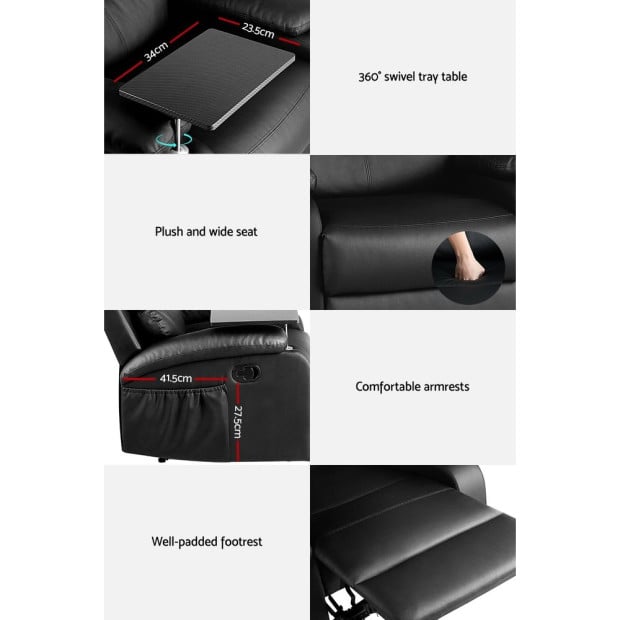 Recliner Chair Armchair Lounge Sofa Couch Leather Black Tray Table Image 7