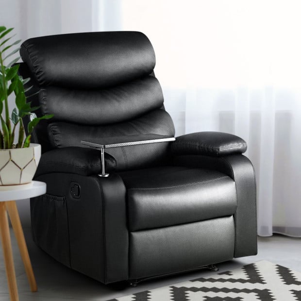 Recliner Chair Armchair Lounge Sofa Couch Leather Black Tray Table Image 8