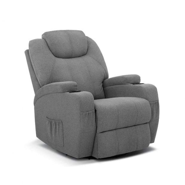 Electric Massage Recliner Chair 8 Point Heated Swivel Fabric Grey