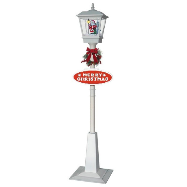 Christmas Lamp Post with Snow, Lights & Music White with Santa 180cm