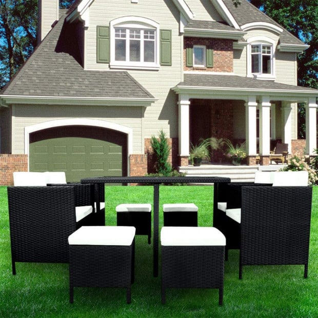 9 Piece PE Rattan Garden Patio Outdoor Dining Set Black Image 11