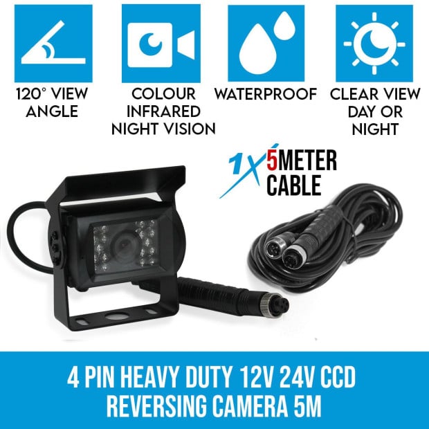 4 Pin Heavy Duty 12v 24v Ccd Ir Colour Reversing Camera Rearview 5m Image 2