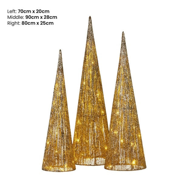 Christabell Pre-Lit Gold Cone Christmas Trees Set of 3 with Warm White LED Lights Image 3