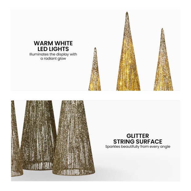 Christabell Pre-Lit Gold Cone Christmas Trees Set of 3 with Warm White LED Lights Image 4