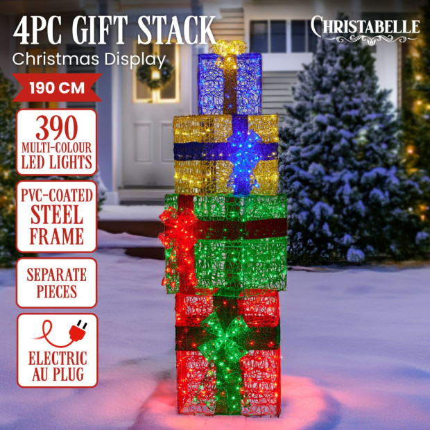 Christabelle 190cm 4-Piece Gift Stack Box Christmas Decoration Bows LED Lights Xmas Display