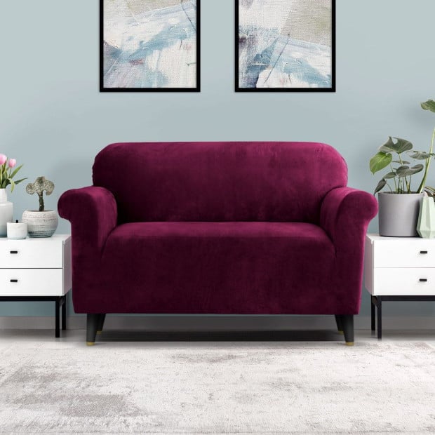 Velvet Sofa Cover Plush Couch Cover Lounge Slipcover 2 Seater Ruby Red Image 8