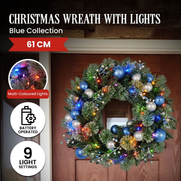 Blue Collection Multicolour Pre-Lit Christmas Wreath - 61cm