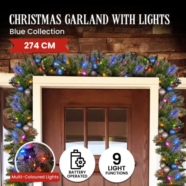 Blue Collection Multicolour Pre-Lit Christmas Garland - 274cm