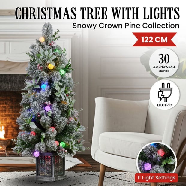 Snowy Crown Pine 1.2m Multicolour Pre-Lit Potted Christmas Tree