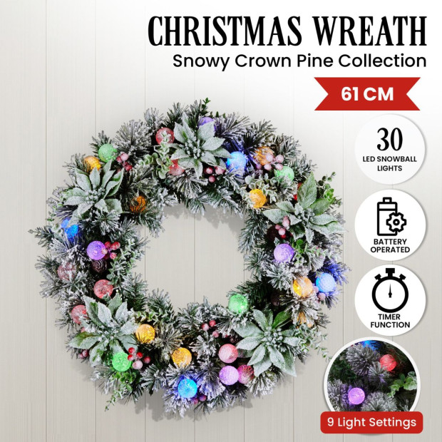 Snowy Crown Pine Pre-Lit Multicolour Christmas Wreath - 61cm