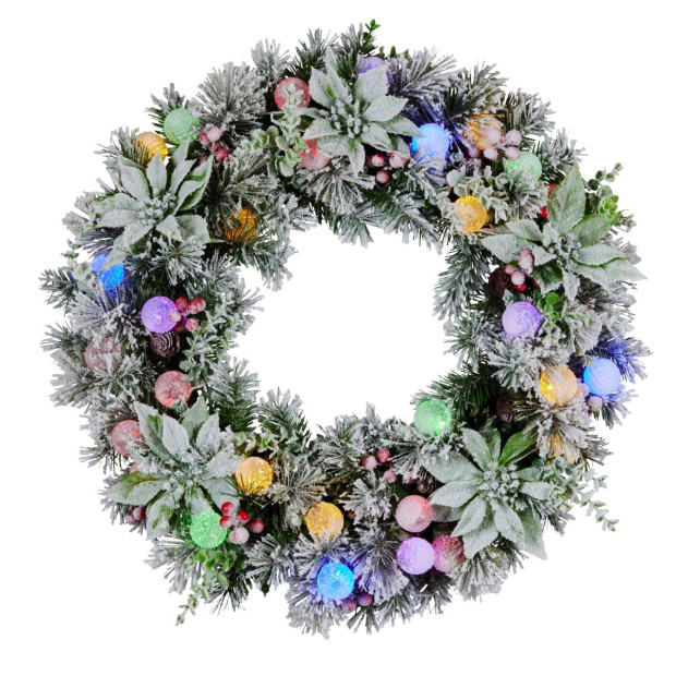 Snowy Crown Pine Pre-Lit Multicolour Christmas Wreath - 61cm Image 2