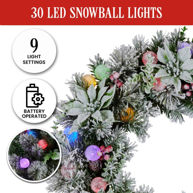 Snowy Crown Pine Pre-Lit Multicolour Christmas Wreath - 61cm Image 7