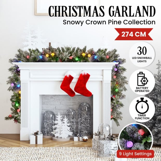 Snowy Crown Pine Pre-Lit Multicolour Christmas Garland - 274cm