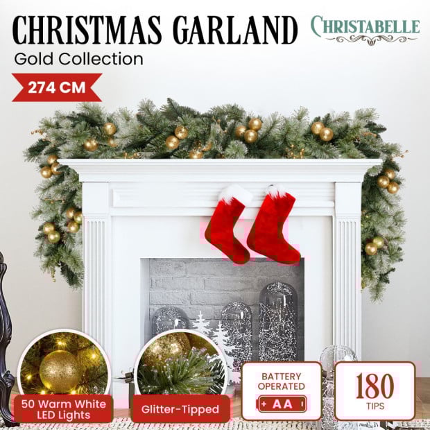 Christabelle 274cm Pre-Lit Christmas Garland Gold Baubles Battery-Operated Warm White LED Lights