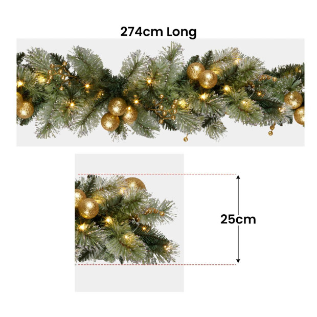 Christabelle 274cm Pre-Lit Christmas Garland Gold Baubles Battery-Operated Warm White LED Lights Image 3