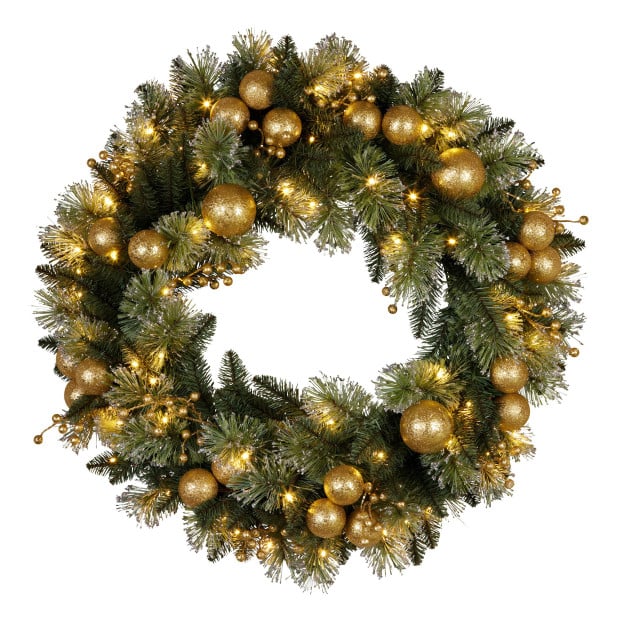 Christabelle 61cm Christmas Wreath Battery-Operated Warm White Lights Gold Baubles Xmas Decor Image 2
