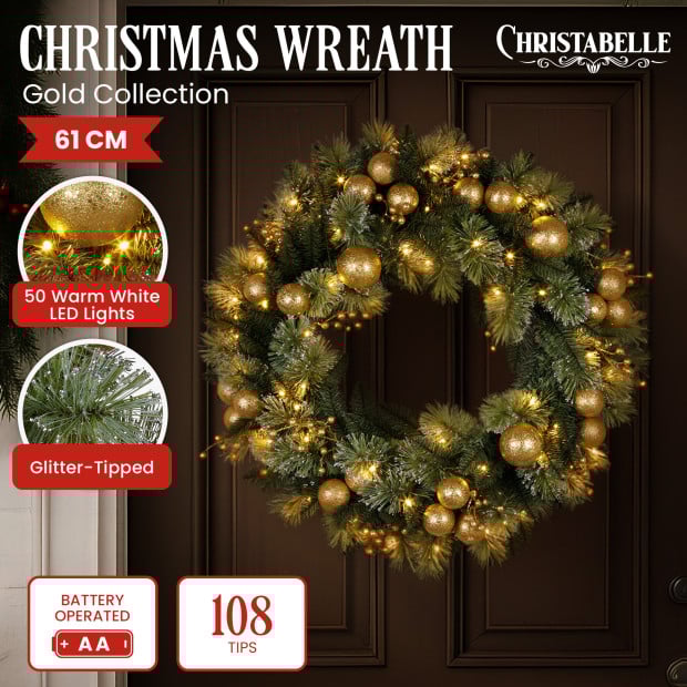 Christabelle 61cm Christmas Wreath Battery-Operated Warm White Lights Gold Baubles Xmas Decor