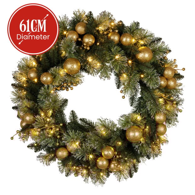 Christabelle 61cm Christmas Wreath Battery-Operated Warm White Lights Gold Baubles Xmas Decor Image 3
