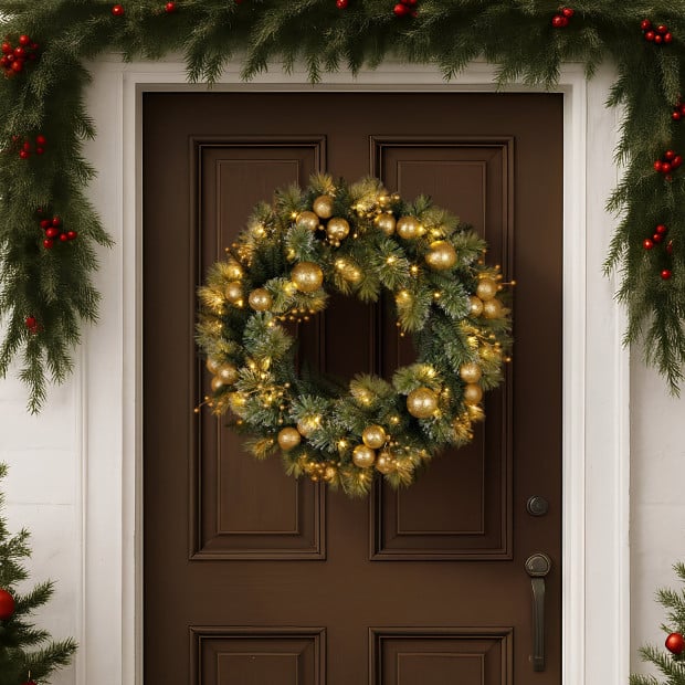 Christabelle 61cm Christmas Wreath Battery-Operated Warm White Lights Gold Baubles Xmas Decor Image 6