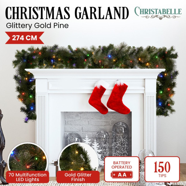 Christabelle 274cm Battery-Operated Christmas Garland Glittery Gold Pine Image 3
