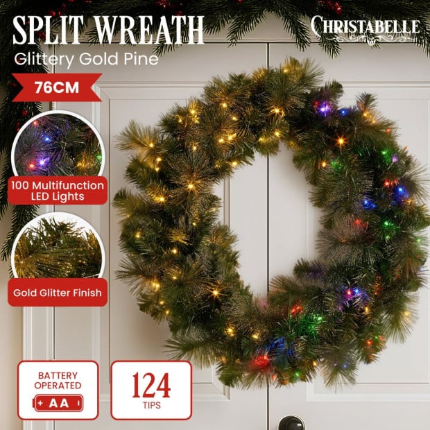 Christabelle 76cm Battery-Operated Split Christmas Wreath Glittery Gold Pine Image 2